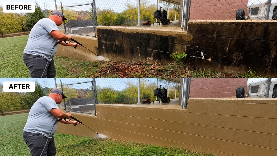 Pressure washing wall cleaning before and after result in West Palm Beach, FL